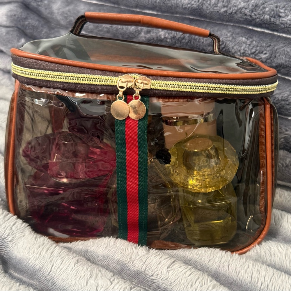NIB Clear Brown With Red & Green Trim Cosmetic Bag - Picture 2 of 9